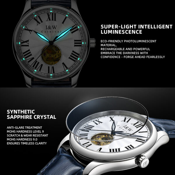 IW.695G/L I&W Swiss genuine watch men's automatic mechanical watch retro style hollow movement blue needle business watch luminous watch