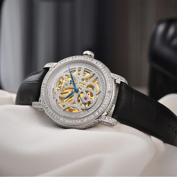 IW.565L I&W Starry Sky Series Women's Light Luxury Quartz Watch with Diamond Dial and Hollow Movement Business Watch with Cowhide Strap and Blue Hands