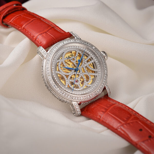 IW.565L I&W Starry Sky Series Women's Light Luxury Quartz Watch with Diamond Dial and Hollow Movement Business Watch with Cowhide Strap and Blue Hands