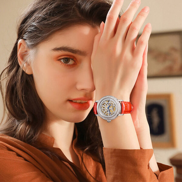 IW.565L I&W Starry Sky Series Women's Light Luxury Quartz Watch with Diamond Dial and Hollow Movement Business Watch with Cowhide Strap and Blue Hands