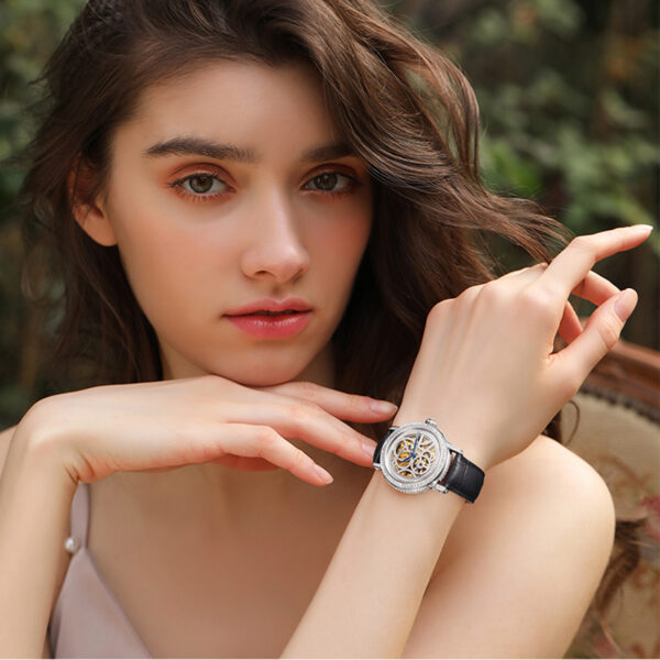 IW.565L I&W Starry Sky Series Women's Light Luxury Quartz Watch with Diamond Dial and Hollow Movement Business Watch with Cowhide Strap and Blue Hands