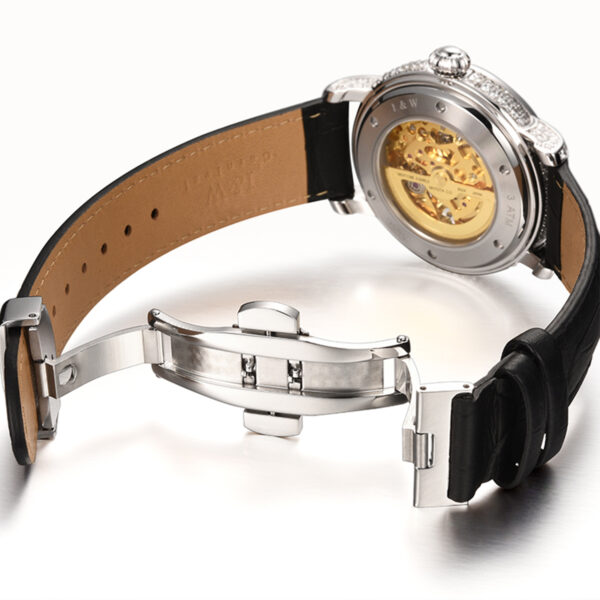 IW.565L I&W Starry Sky Series Women's Light Luxury Quartz Watch with Diamond Dial and Hollow Movement Business Watch with Cowhide Strap and Blue Hands