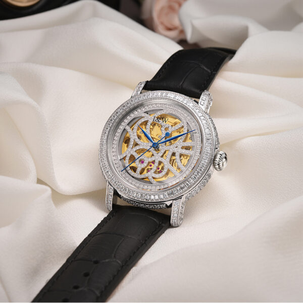 IW.565L I&W Starry Sky Series Women's Light Luxury Quartz Watch with Diamond Dial and Hollow Movement Business Watch with Cowhide Strap and Blue Hands