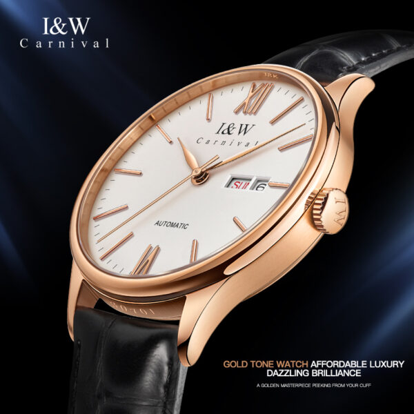 IW.516G I&W Swiss genuine men's watch dual calendar fully automatic mechanical watch 18K gold dial cowhide strap business watch