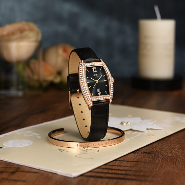 IW.537L I&W Swiss genuine women's watch with barrel-shaped diamond dial, quartz watch, bamboo leather strap, business watch