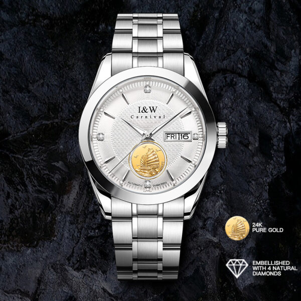 IW.55808G I&W 24K Gold Sailboat Icon Business Watch with Genuine Diamonds and Engraved Dual Calendar Automatic Mechanical Watch Waterproof and Luminous