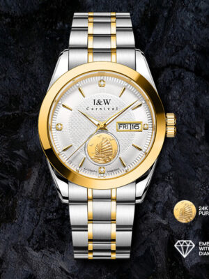 IW.55808G I&W Voyager Series 24K Gold Sailboat Icon Business Watch with Genuine Diamonds and Engraved Dual Calendar Automatic Mechanical Watch Waterproof and Luminous