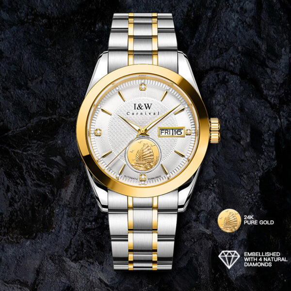 IW.55808G I&W Voyager Series 24K Gold Sailboat Icon Business Watch with Genuine Diamonds and Engraved Dual Calendar Automatic Mechanical Watch Waterproof and Luminous