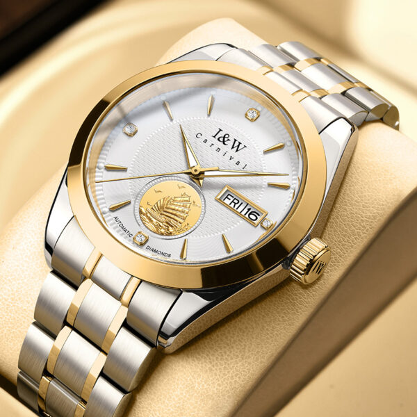 IW.55808G I&W Voyager Series 24K Gold Sailboat Icon Business Watch with Genuine Diamonds and Engraved Dual Calendar Automatic Mechanical Watch Waterproof and Luminous