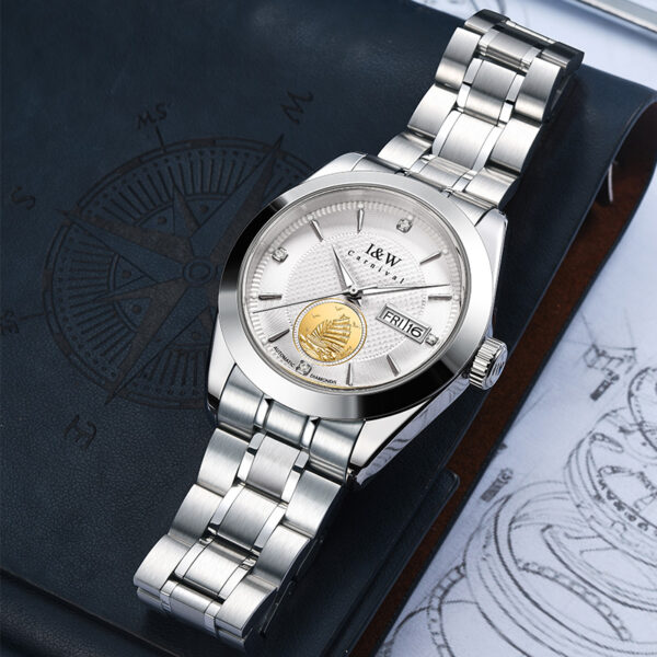 IW.55808G I&W 24K Gold Sailboat Icon Business Watch with Genuine Diamonds and Engraved Dual Calendar Automatic Mechanical Watch Waterproof and Luminous