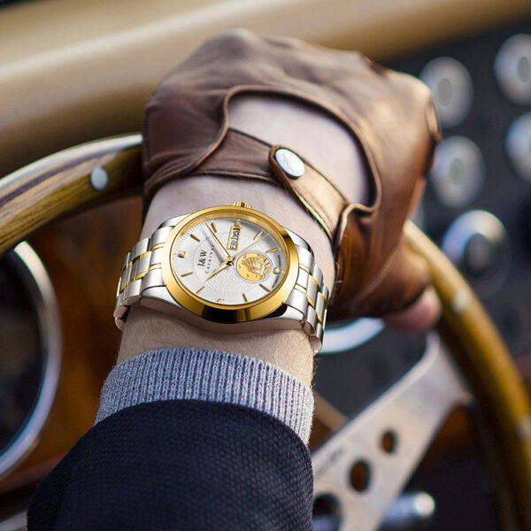 IW.55808G I&W Voyager Series 24K Gold Sailboat Icon Business Watch with Genuine Diamonds and Engraved Dual Calendar Automatic Mechanical Watch Waterproof and Luminous