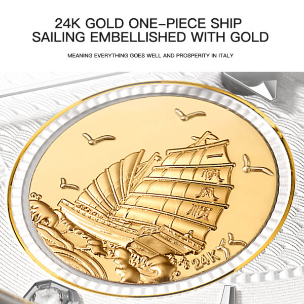 IW.55808G I&W 24K Gold Sailboat Icon Business Watch with Genuine Diamonds and Engraved Dual Calendar Automatic Mechanical Watch Waterproof and Luminous