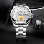 IW.55808G I&W 24K Gold Sailboat Icon Business Watch with Genuine Diamonds and Engraved Dual Calendar Automatic Mechanical Watch Waterproof and Luminous