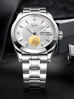 IW.55808G I&W 24K Gold Sailboat Icon Business Watch with Genuine Diamonds and Engraved Dual Calendar Automatic Mechanical Watch Waterproof and Luminous