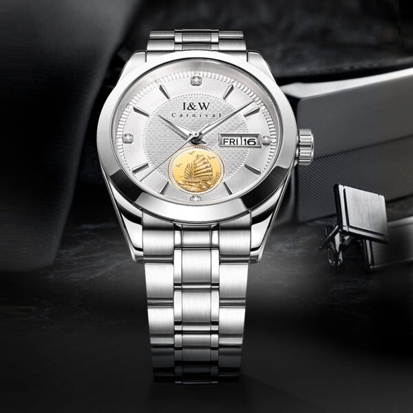 IW.55808G I&W 24K Gold Sailboat Icon Business Watch with Genuine Diamonds and Engraved Dual Calendar Automatic Mechanical Watch Waterproof and Luminous