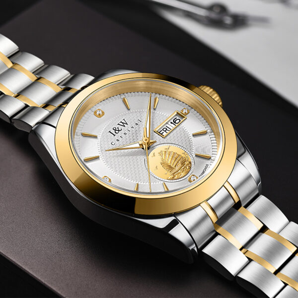 IW.55808G I&W Voyager Series 24K Gold Sailboat Icon Business Watch with Genuine Diamonds and Engraved Dual Calendar Automatic Mechanical Watch Waterproof and Luminous