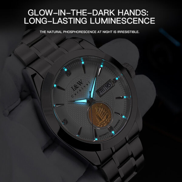 IW.55808G I&W 24K Gold Sailboat Icon Business Watch with Genuine Diamonds and Engraved Dual Calendar Automatic Mechanical Watch Waterproof and Luminous