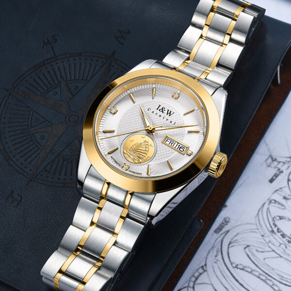 IW.55808G I&W Voyager Series 24K Gold Sailboat Icon Business Watch with Genuine Diamonds and Engraved Dual Calendar Automatic Mechanical Watch Waterproof and Luminous