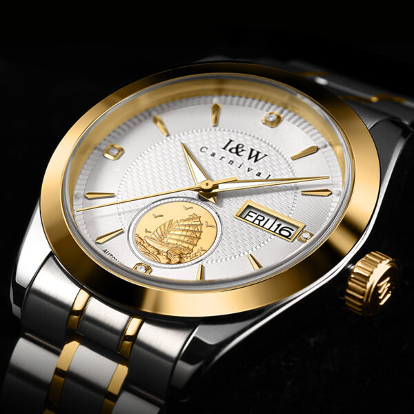 IW.55808G I&W Voyager Series 24K Gold Sailboat Icon Business Watch with Genuine Diamonds and Engraved Dual Calendar Automatic Mechanical Watch Waterproof and Luminous