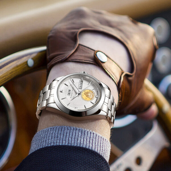 IW.55808G I&W 24K Gold Sailboat Icon Business Watch with Genuine Diamonds and Engraved Dual Calendar Automatic Mechanical Watch Waterproof and Luminous