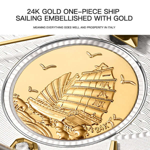 IW.55808G I&W Voyager Series 24K Gold Sailboat Icon Business Watch with Genuine Diamonds and Engraved Dual Calendar Automatic Mechanical Watch Waterproof and Luminous